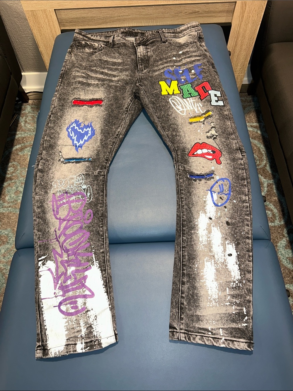 Rue21 Black Acid-Wash Slim Jeans with Multicolor Graffiti Patches